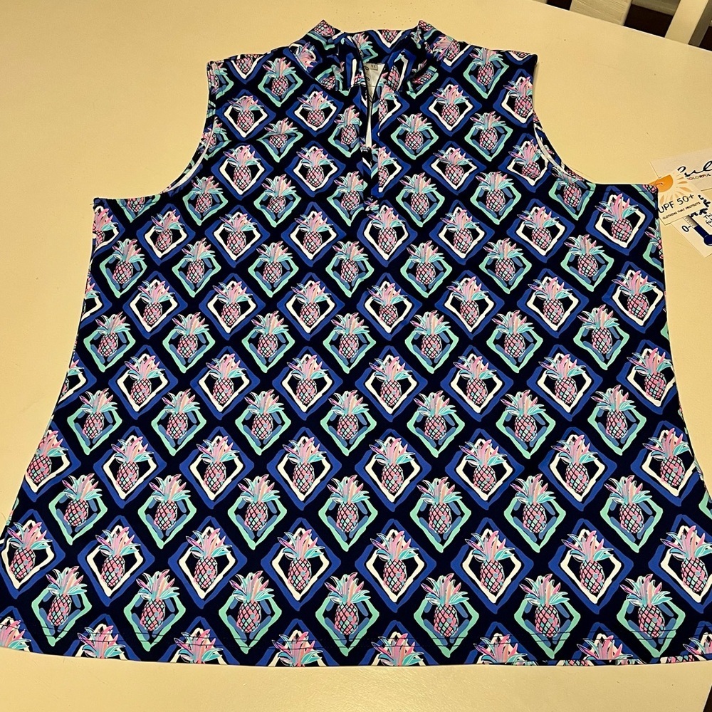 Lulu-B Pineapple Print Sleeveless Quarter-Zip Top UPF 50+ Cooling Fabric XL NWT‌